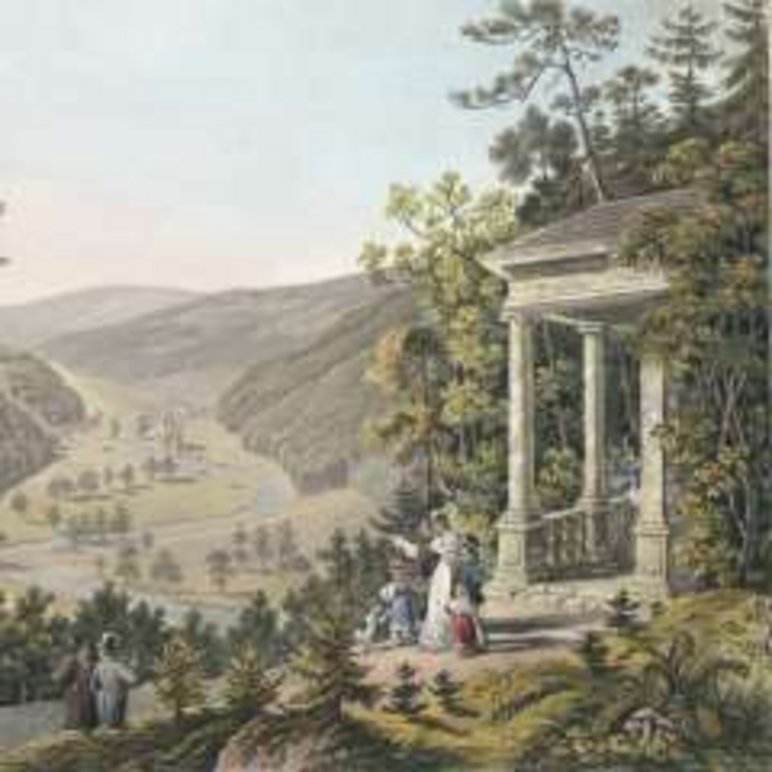 Gemälde einer hügeligen Landschaft mit klassizistischem Pavillon, vor dem zwei oder drei Menschen stehen