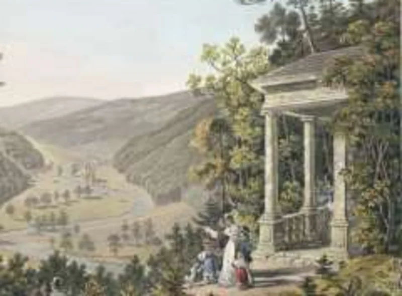 Gemälde einer hügeligen Landschaft mit klassizistischem Pavillon, vor dem zwei oder drei Menschen stehen