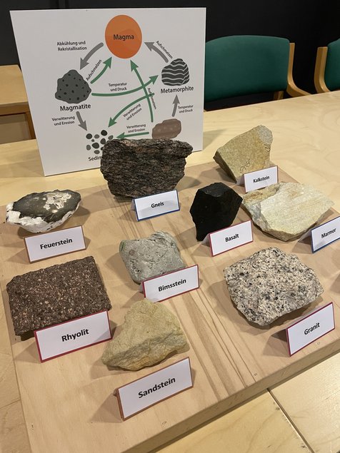 Das Foto zeigt mehrere auf einem Tisch präsentierte Gesteinsproben, deren Namen auf Kärtchen geschrieben stehen: Feuerstein, Gneis, Kalkstein, Rhyolith, Bimsstein, Basalt, Marmor und Granit.