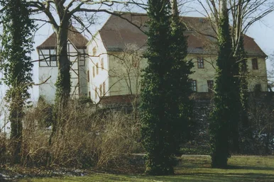 Burg Düben Blick aus einem Park auf eine burgähnliche Anlage ohne Türmchen. Ein Gebäudeflügel ist in Fachwerk ausgeführt.