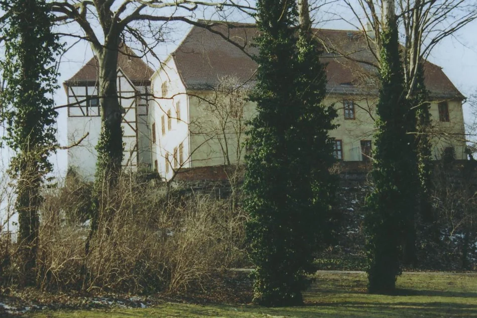 Burg Düben Blick aus einem Park auf eine burgähnliche Anlage ohne Türmchen. Ein Gebäudeflügel ist in Fachwerk ausgeführt.