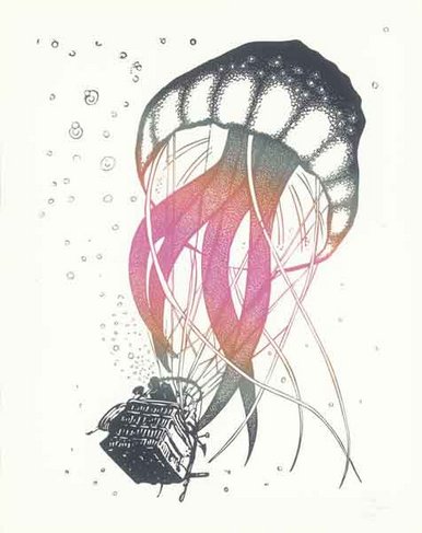 Stephanie Marx, „Tiefgang“, 2022, 90 x 70 cm, Linolschnitt/-stich Eine große, ballon-artige Qualle zieht an ihren Tentakeln die Gondel eines Heißluftballons hinter sich her.