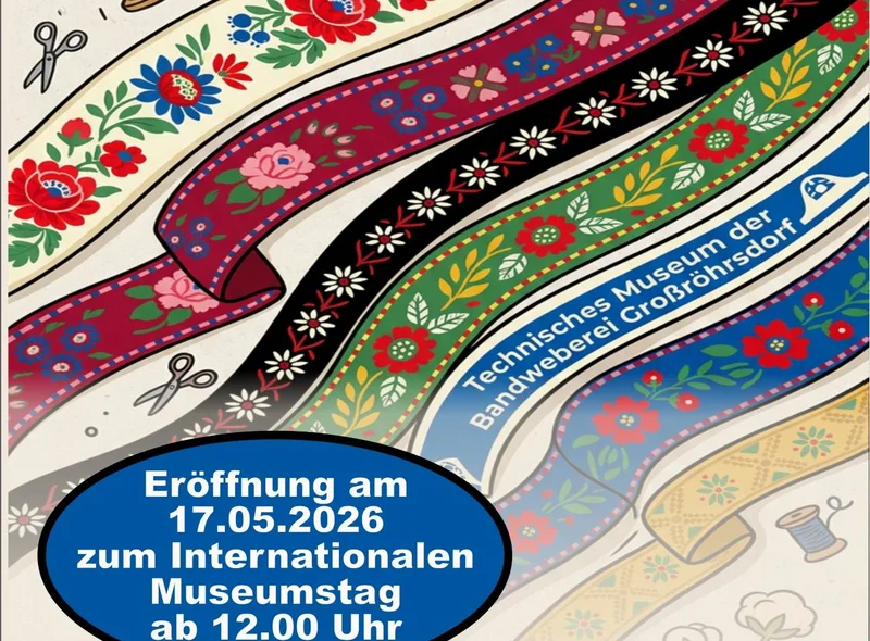 Plakatmotiv zur Ausstellung „Bänder im Wandel der Zeit“ sind farbige Bänder mit verschiedenen Mustern und eingewebtem Text