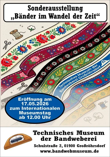 Plakatmotiv zur Ausstellung „Bänder im Wandel der Zeit“ sind farbige Bänder mit verschiedenen Mustern und eingewebtem Text