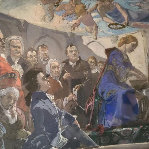 Historisch gekleidete Männer, unter ihnen Mozart und Bach, schauen einer in Blau gekleideten Frau beim Klavierspielen zu.