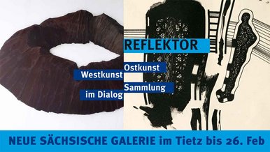 Ausstellungsbanner „Reflektor“ Links ein Vulkankrater, rechts ein Ausschnitt aus einer Druckgrafik in Schwarzweiß, darüber Informationen zu Ausstellungstitel, -laufzeit und -ort