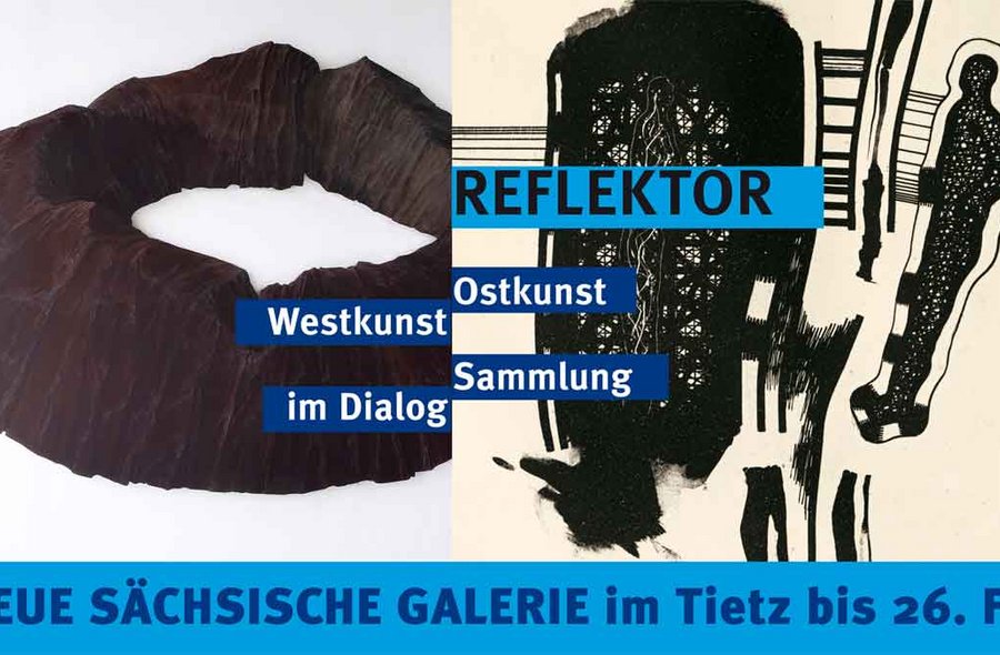 Ausstellungsbanner „Reflektor“ Links ein Vulkankrater, rechts ein Ausschnitt aus einer Druckgrafik in Schwarzweiß, darüber Informationen zu Ausstellungstitel, -laufzeit und -ort