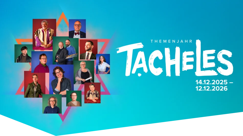 Tacheles – Jahr der jüdischen Kultur in Sachsen 2026 Vor einen Davidstern sind individuelle Porträts von Männern und Frauen angeordnet, daneben Titel und Laufzeit des Themenjahrs