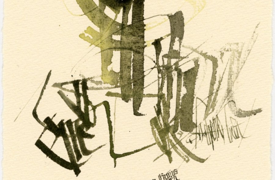 Heinz Schumann, zu Friedrich Hölderlin: O Bellarmin! (Var. 7), 1999, Tusche, Aquarell, Bütten, Kalligrafie, 20 x 14,2 cm, Leihgabe Nachlass Heinz Schumann Expressive Tusche-Kalligrafie der Worte "Viel Glück", darunter mehrere klein geschriebene Grußzeilen