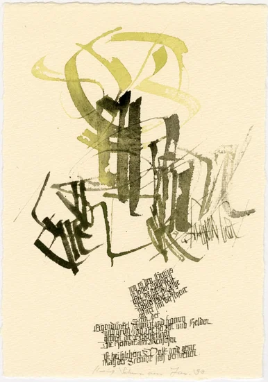 Expressive Tusche-Kalligrafie der Worte "Viel Glück", darunter mehrere klein geschriebene Grußzeilen