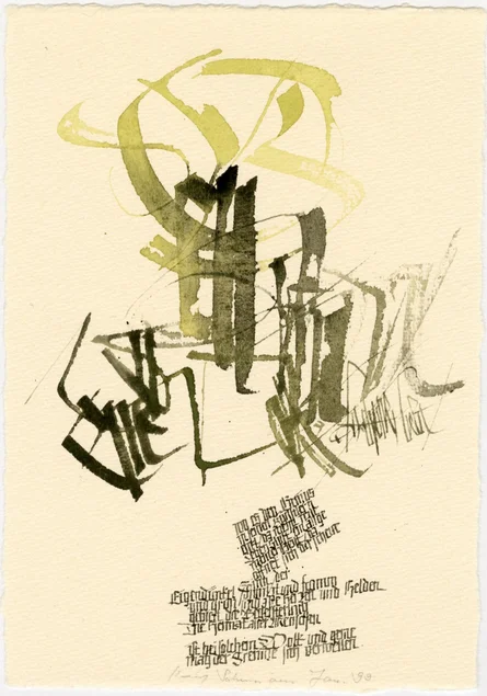 Expressive Tusche-Kalligrafie der Worte "Viel Glück", darunter mehrere klein geschriebene Grußzeilen