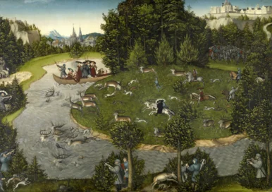 Historisches Gemälde einer Jagdszene mit adeligen Jägern zu Pferd, Jagdhunden und fliehenden Hirschen in einer waldreichen Landschaft. Im Hintergrund eine Stadt mit gotischen Türmen und eine Burg auf einem Hügel.