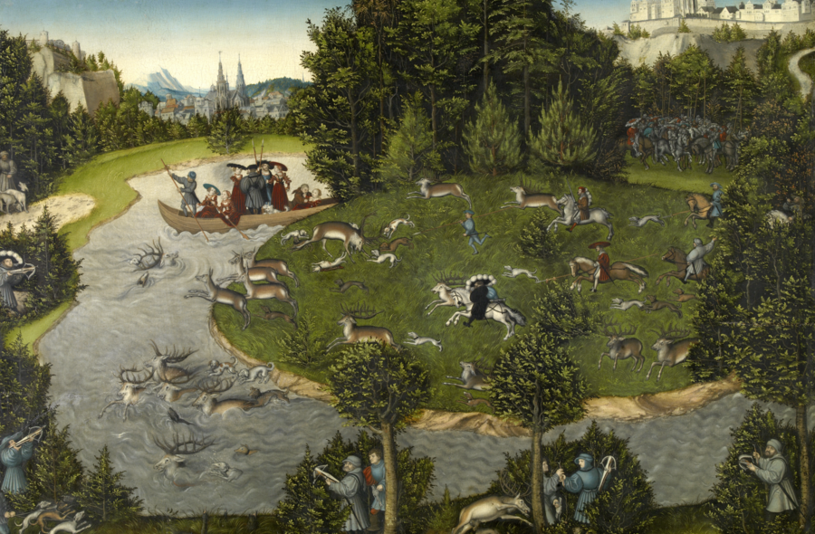 Historisches Gemälde einer Jagdszene mit adeligen Jägern zu Pferd, Jagdhunden und fliehenden Hirschen in einer waldreichen Landschaft. Im Hintergrund eine Stadt mit gotischen Türmen und eine Burg auf einem Hügel.