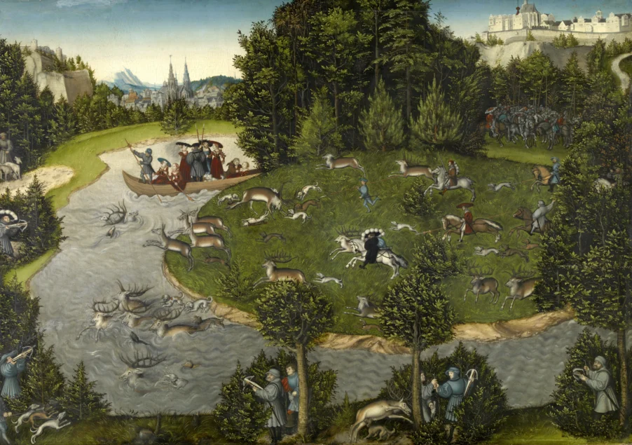 Historisches Gemälde einer Jagdszene mit adeligen Jägern zu Pferd, Jagdhunden und fliehenden Hirschen in einer waldreichen Landschaft. Im Hintergrund eine Stadt mit gotischen Türmen und eine Burg auf einem Hügel.