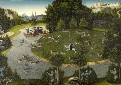 „Hirschjagd des Kurfürsten Friedrich des Weisen“, Lucas Cranach d.Ä. Historisches Gemälde einer Jagdszene mit adeligen Jägern zu Pferd, Jagdhunden und fliehenden Hirschen in einer waldreichen Landschaft. Im Hintergrund eine Stadt mit gotischen Türmen und eine Burg auf einem Hügel.