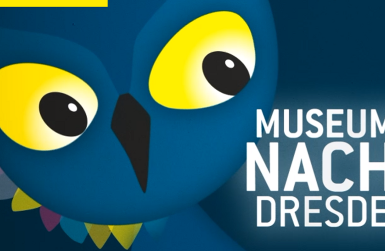 Die Eule – das Maskottchen der Museumsnacht Dresden – weist auf die am 8. Juli 2023 stattfindende Museumsnacht hin.