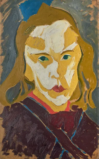 Gemaltes Porträt eines Mädchens. Das dargestellte Mädchen schaut ernst und ihr Gesicht ist in verschiedenen Gelb-Tönen dargestellt.