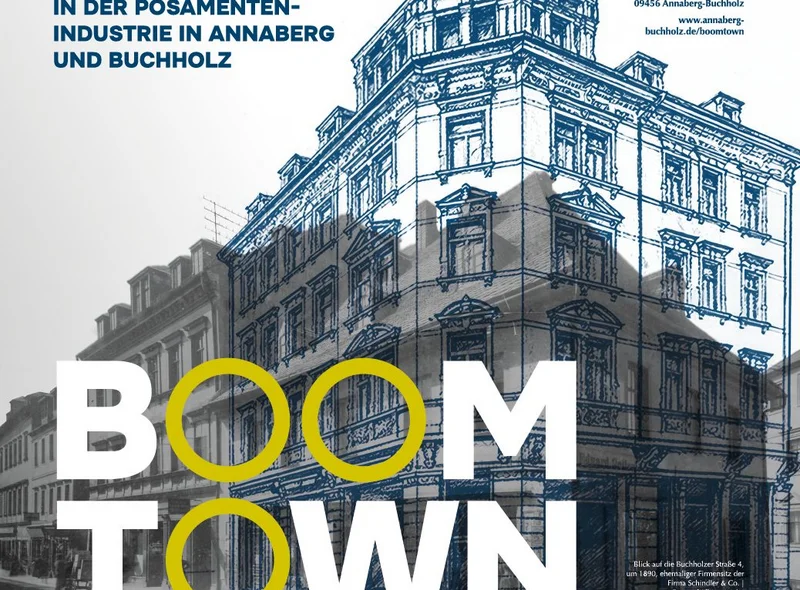 Plakatmotiv zu "Boomtown. Jüdische Unternehmen in der Posamenten-Industrie in Annaberg und Buchholz" ist ein Gründerzeit-Haus
