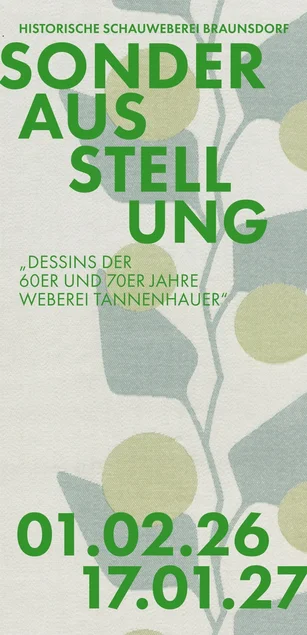 Motiv des Flyers zur Ausstellung "Dessins 60er und 70er Jahre Weberei Tannenhauer" ist ein Dessin aus den 1960er Jahren.