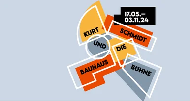 Ausstellungsplakat Ausstellungstitel und -laufzeit sind Wort für Wort in geometrische, schräg zu einander angeordnete geometrische Formen gesetzt, diese haben die primären Bauhaus-Farben Rot, Gelb und Blau.