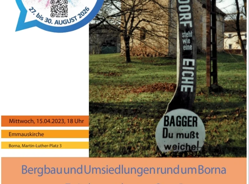 Motiv ist das Foto eines Schildes mit der Aufschrift "Heuersdorf steht wie eine Eiche. Bagger, du musst weiche!"