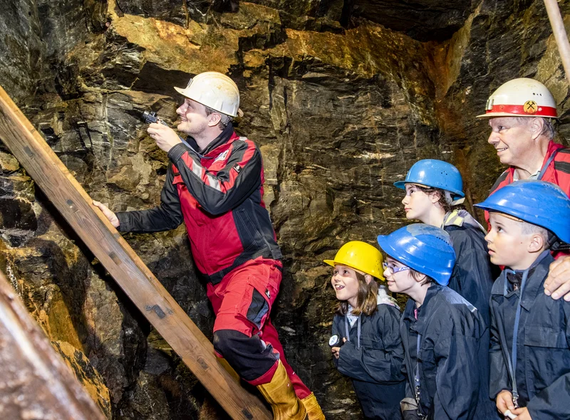 In einem Stollen steht links ein Mitarbeiter der Zinngrube (schwarz-rote Schutzkleidung, Namensschild, Schutzhelm) auf einer Holzleiter und leuchtet mit einer kleinen Taschenlampe die Leiter hinauf. Neben ihm stehen vier Kinder in in Schutzkleidung (blaue Overalls und Schutzhelme) und ein zweiter Mitarbeiter der Zinngrube (schwarz-rote Schutzkleidung, Namensschild, Schutzhelm), der einem der Kinder die Hand auf die Schulter legt. Der zweite Mitarbeiter und die Kinder schauen fröhlich und neugierig in die Richtung, in die der erste Mitarbeiter mit der Lampe leuchtet.