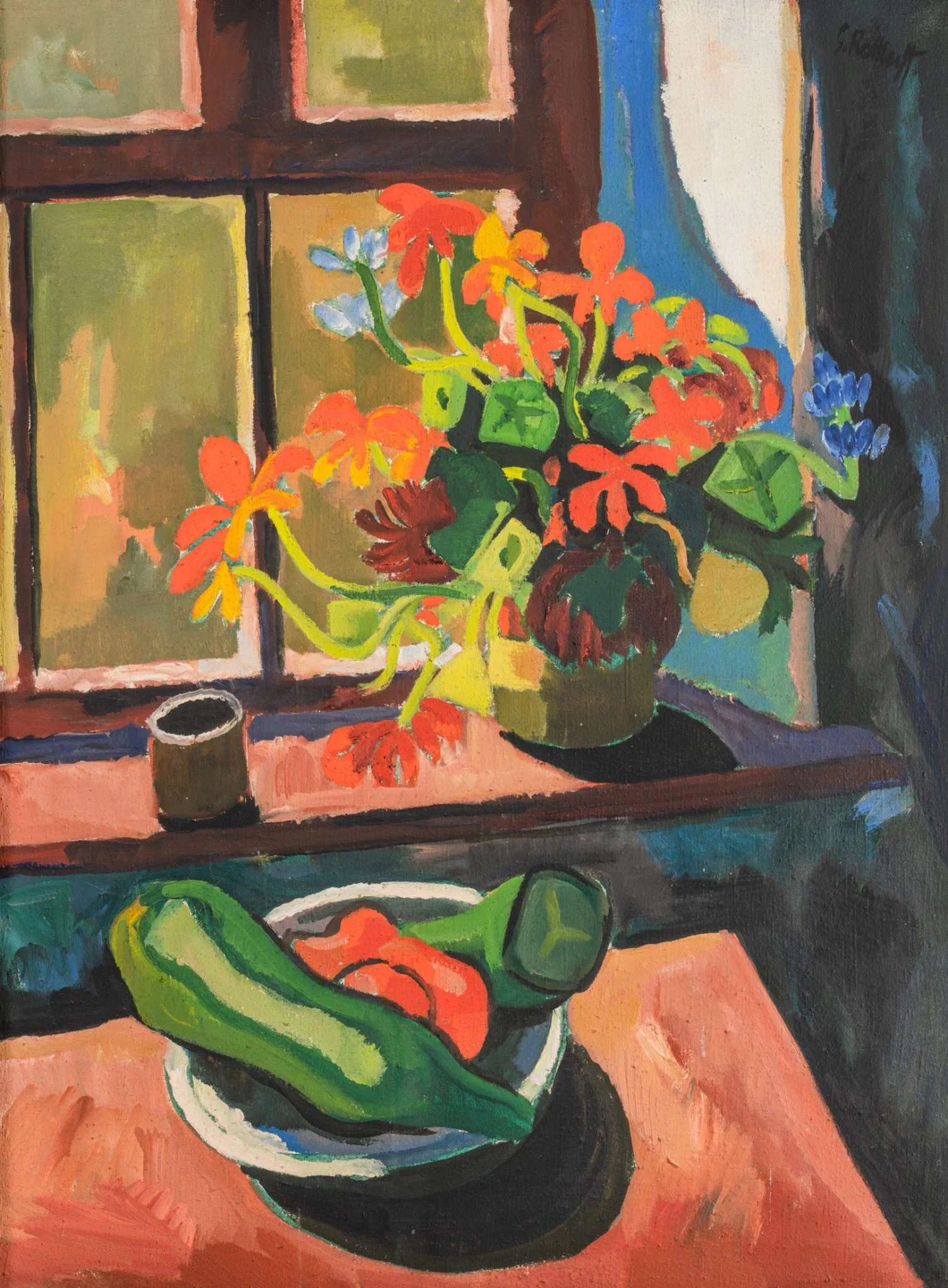 Karl Schmidt-Rottluff, „Küchenfenster“, 1932 In kräftigen Pinselstrichen ausgeführtes Stillleben, dessen Fokus auf ein Fenster gerichtet ist. Auf dem Fensterbrett steht ein Blumentopf, vor dem Fenster befindet sich ein Tisch, auf dem ein Teller mit Gemüse steht. Es überwiegen Rot- und Grün-Töne.