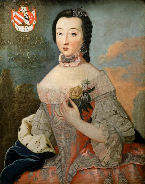 Nur aus Liebe. Schlossführung für Verliebte zum Valentinstag Gemälde mit Darstellung einer jungen Frau im prächtigen Kostüm und Wappen der Adelsfamilie von Schönburg.