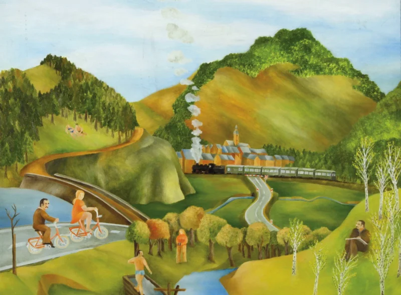 Gemaltes Landschaftsbild mit Darstellung von Freizeitaktivitäten: Mann auf Fahrrad, Menschen am Fluss, ein fahrender Zug