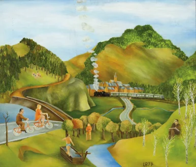 Gemaltes Landschaftsbild mit Darstellung von Freizeitaktivitäten: Mann auf Fahrrad, Menschen am Fluss, ein fahrender Zug
