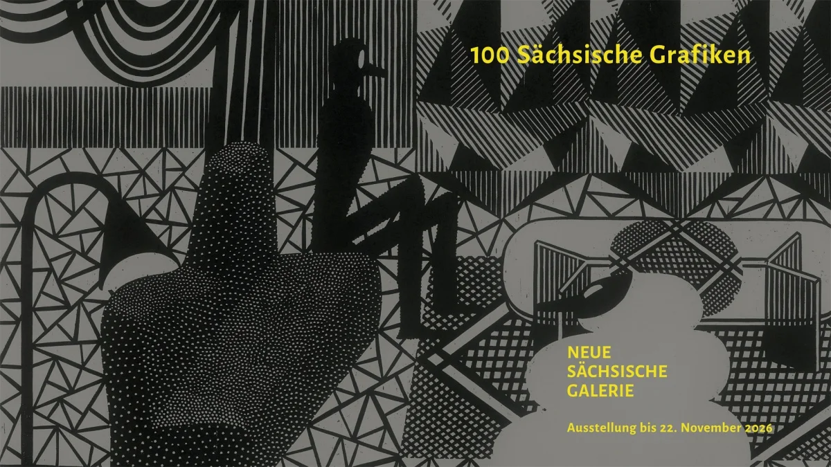 Plakat – Motiv: Christoph Feist, „Im kalten Polar #3“, 2026, Holzschnitt, 42 x 60 cm Aus Schwarzweiß-Linien und -Flächen bestehende, zunächst abstrakt wirkende Grafik mit 2 in einem Wohnzimmer sitzenden Figuren
