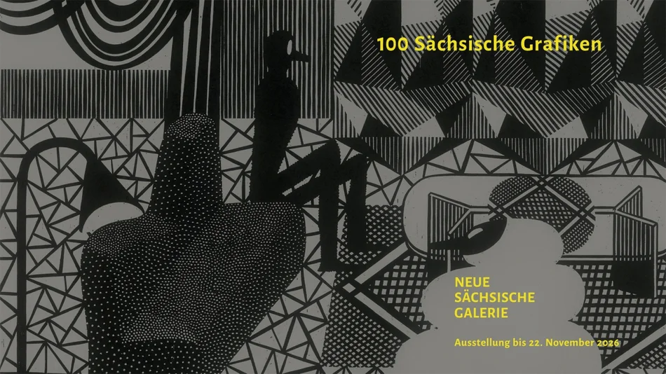 Plakat – Motiv: Christoph Feist, „Im kalten Polar #3“, 2026, Holzschnitt, 42 x 60 cm Aus Schwarzweiß-Linien und -Flächen bestehende, zunächst abstrakt wirkende Grafik mit 2 in einem Wohnzimmer sitzenden Figuren