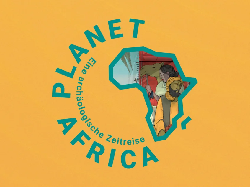 Key-Visual der Sonderausstellung Planet Africa. Vor einem gelben Hintergrund ist die Silhouette von Afrika. Darin befindet sich eine bunte Grafik mit Personen.