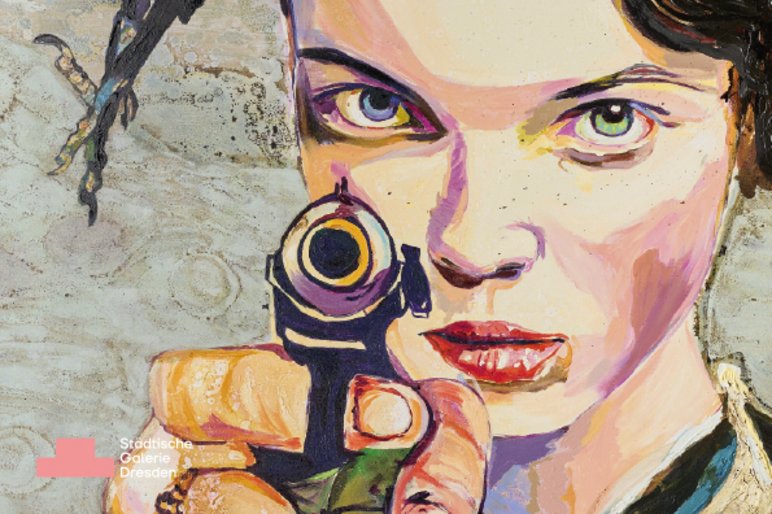 Detail eines Gemäldes, auf dem eine ernst blickende junge Frau Auge in Auge mit dem Betrachter steht und dabei mit einer Pistole auf ihn zielt