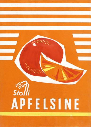 Grafik einer Apfelsine und einer Apfelsinenscheibe vor orangefarbenem, teils orange-weiß gestreiftem Hintergrund, mit der Inschrift "Stolli Apfelsine"