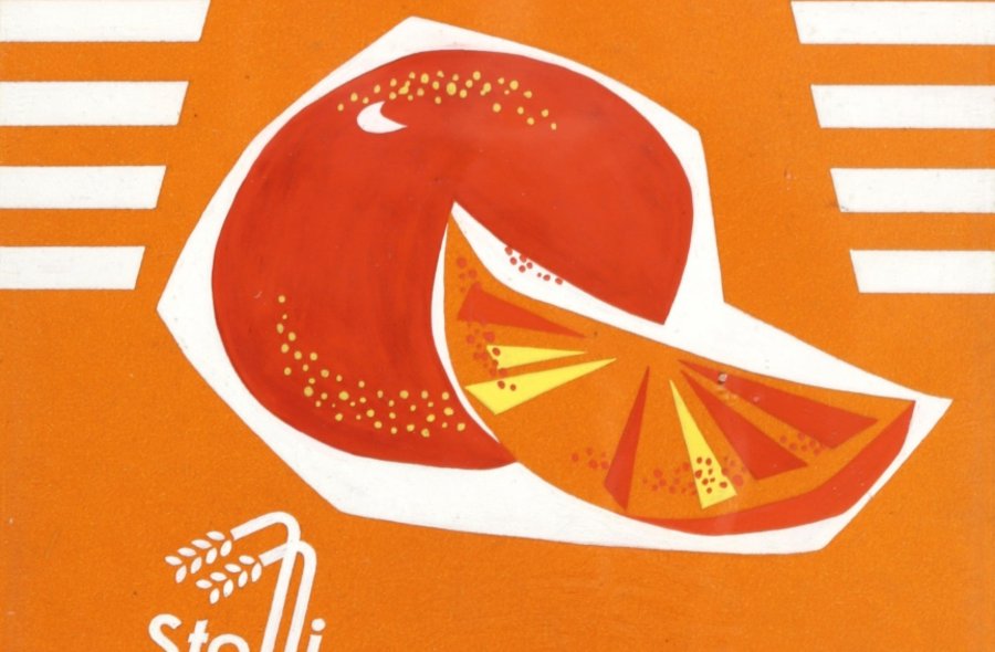 Harry Scheuner, Verpackungsentwurf für Stolli Apfelsine, Schaukarton, 1959, Tempera, Sammlung Neue Sächsische Galerie, E-01616 Grafik einer Apfelsine und einer Apfelsinenscheibe vor orangefarbenem, teils orange-weiß gestreiftem Hintergrund, mit der Inschrift "Stolli Apfelsine"