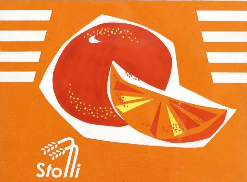 Grafik einer Apfelsine und einer Apfelsinenscheibe vor orangefarbenem, teils orange-weiß gestreiftem Hintergrund, mit der Inschrift "Stolli Apfelsine"