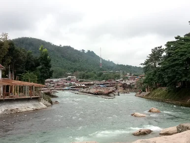 Regenwaldgebiet am Fluss mit Hütten
