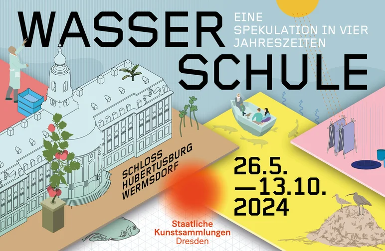 In Gelb-, Rosa- und Blaugrau-Tönen gehaltene Illustration, die neben einer Zeichnung eines großen Schlosses schematische Darstellungen eines Biotops, eines Forschenden und eines Gärtners enthält
