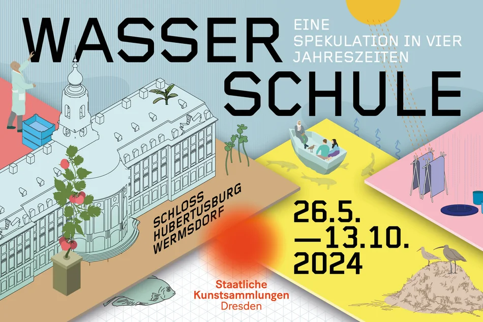 In Gelb-, Rosa- und Blaugrau-Tönen gehaltene Illustration, die neben einer Zeichnung eines großen Schlosses schematische Darstellungen eines Biotops, eines Forschenden und eines Gärtners enthält