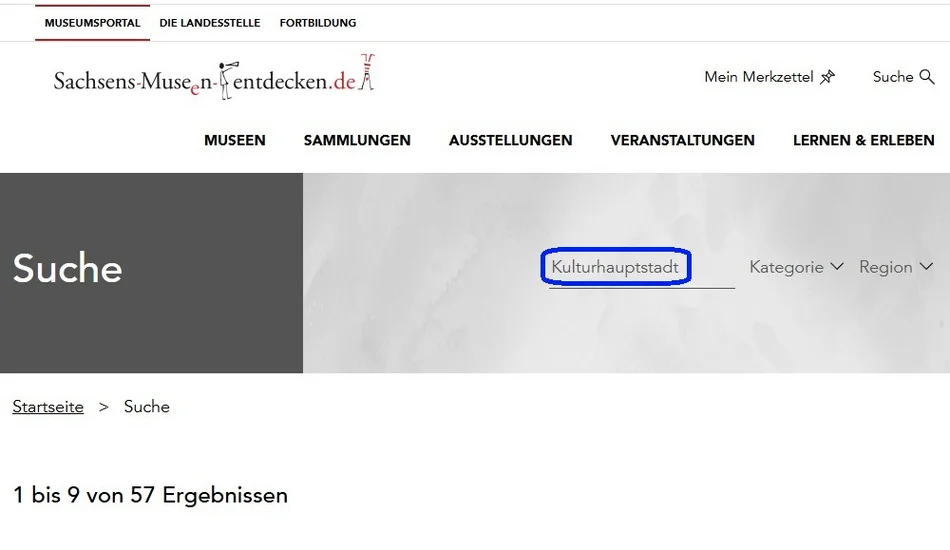 Der Screenshot zeigt das Wort „Kulturhauptstadt“ in einer Suchfläche, darunter wird auf 57 Suchergebnisse hingewiesen.