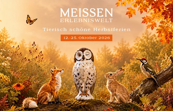 Herbstferien bei MEISSEN Porzellantiere (Fuchs, Eule, Hase, Specht) laden zu „Tierisch schönen Herbstferien“ in die Erlebniswelt MEISSEN ein.