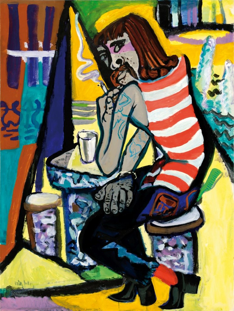 Expressionistisch anmutendes Gemälde eines sitzenden, eine Zigarette rauchenden Seemanns in rot-weiß-gestreiftem ärmellosen Hemd und mit tätowierten Oberarmen
