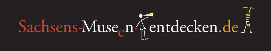 Spielerisch ausgeführte, mit Vignetten zweier tanzender Männlein versehene Wortmarke von Sachsens-Museen-entdecken.de