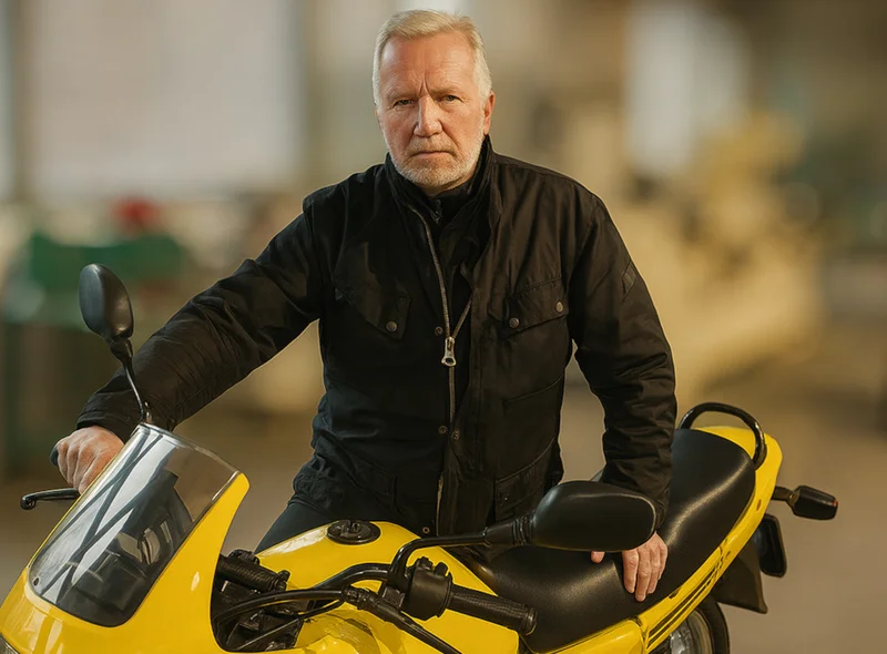 Ein sportlich wirkender älterer Herr mit grauen Haaren und Bart steht an einem gelben Motorrad mit schwarzem Sitz.