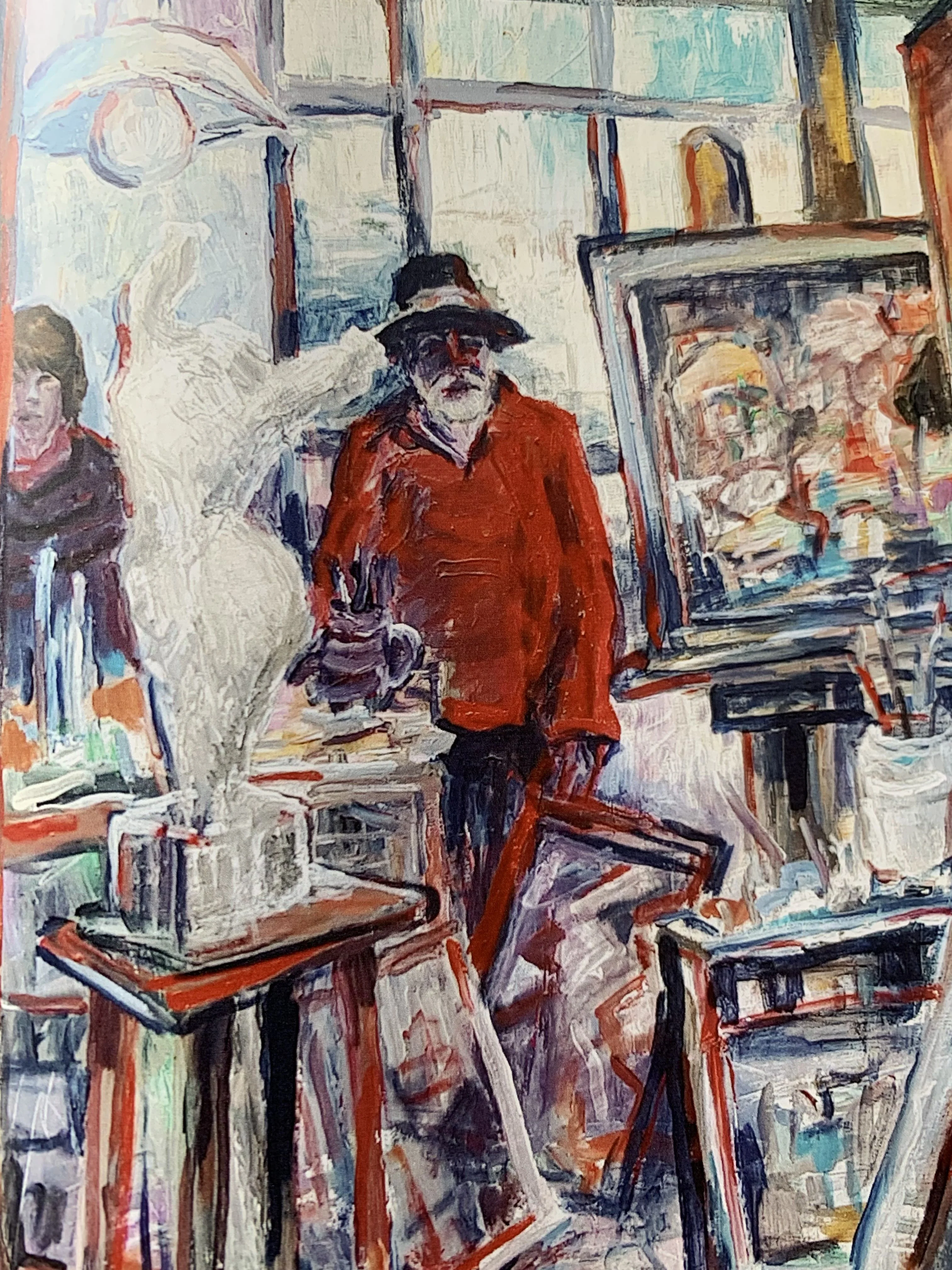 In groben Pinselstrichen gefertigtes Selbstporträt des Malers neben seiner Staffelei, umgeben von Bildern und Mal-Utensilien