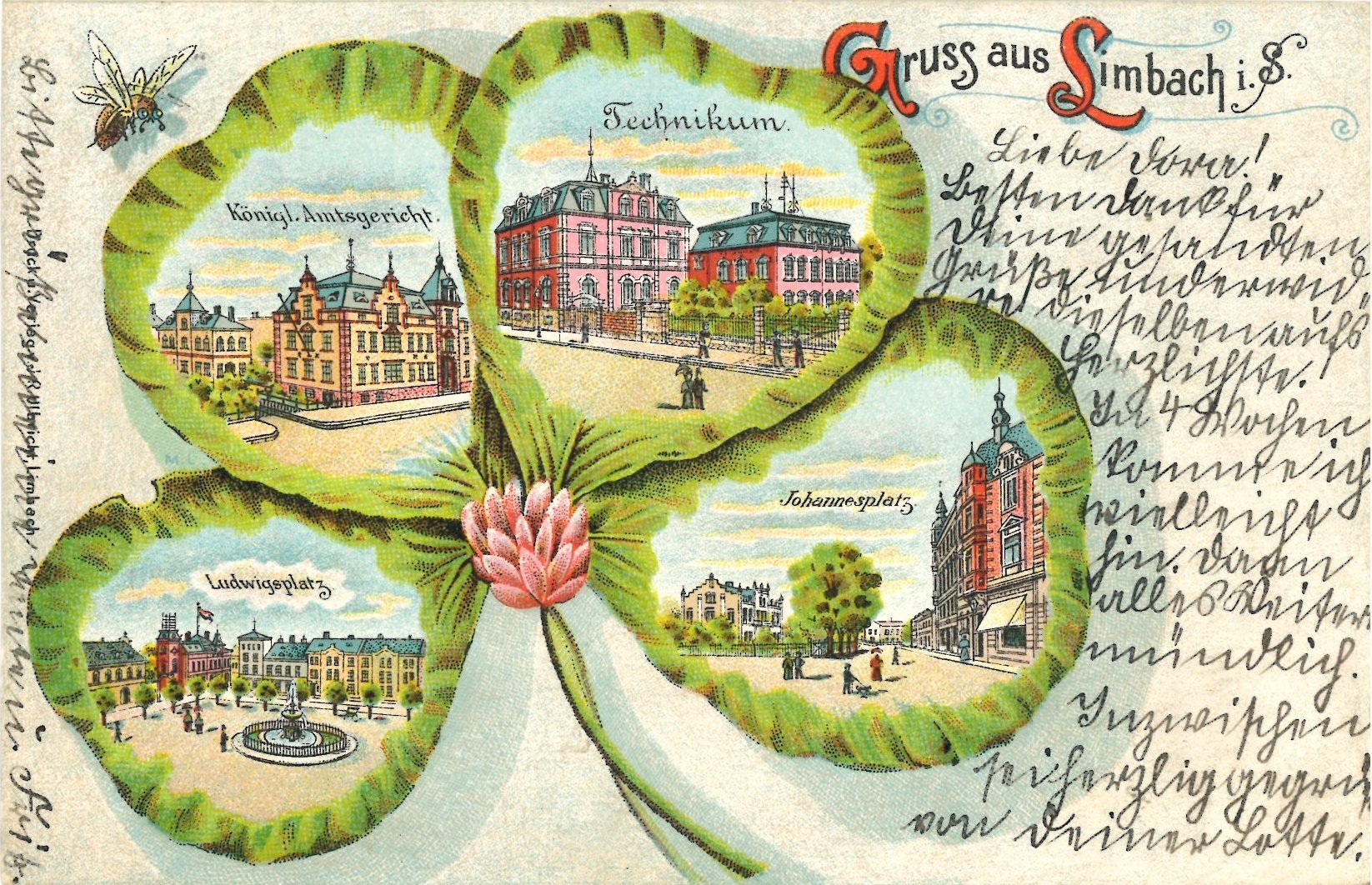 Ein Kleeblatt als Grafik, darin vier historische Ansichten von Limbach. Die Postkarte ist handschriftlich in Sütterlinschrift beschrieben.