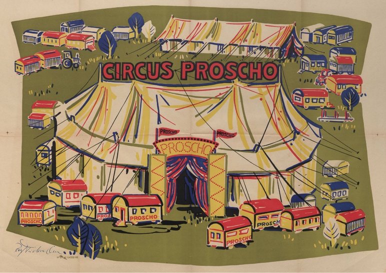 Das Bild zeigt ein Plakat, das ein Zirkuszelt umringt von vielen Zirkuswagen darstellt.