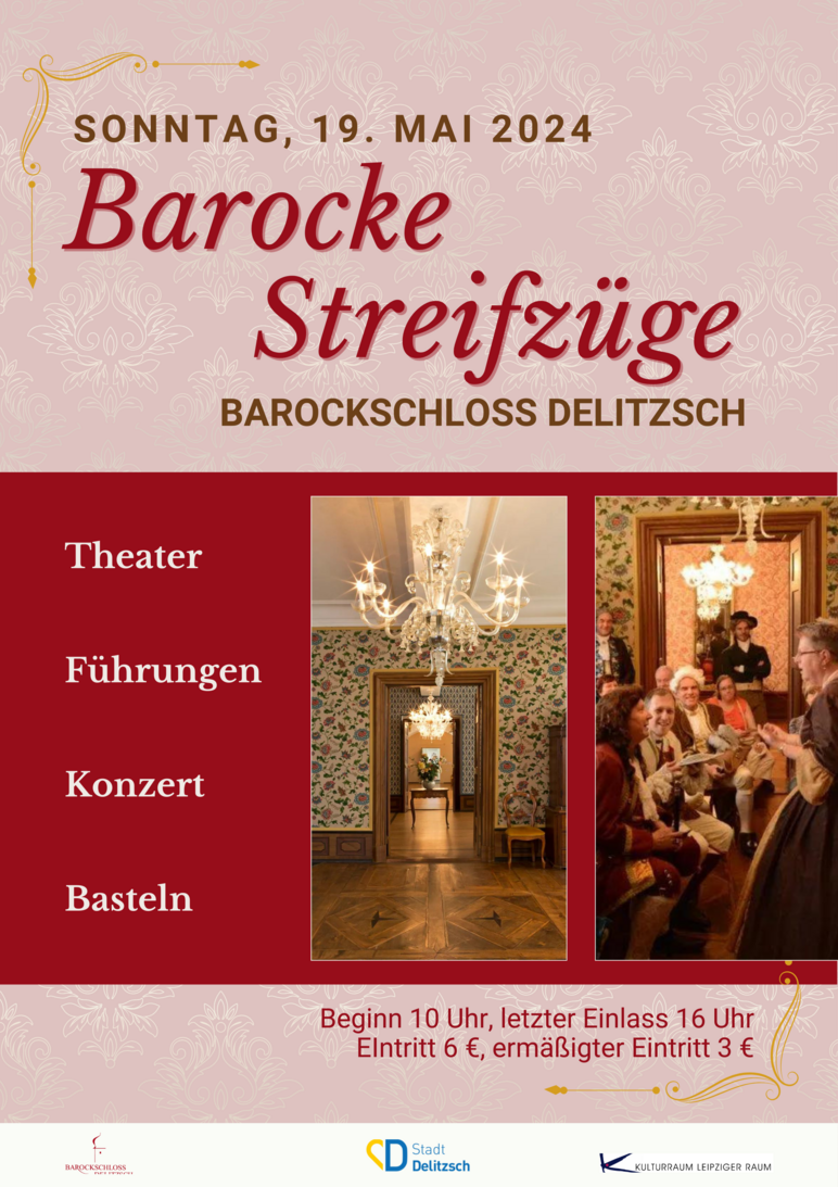 Bildmotive auf dem mit Programminformationen versehenen Plakat sind das Foto eines barocken Interieurs und das Foto einer kleinen in barocke Kostüme gekleideten Gesellschaft.