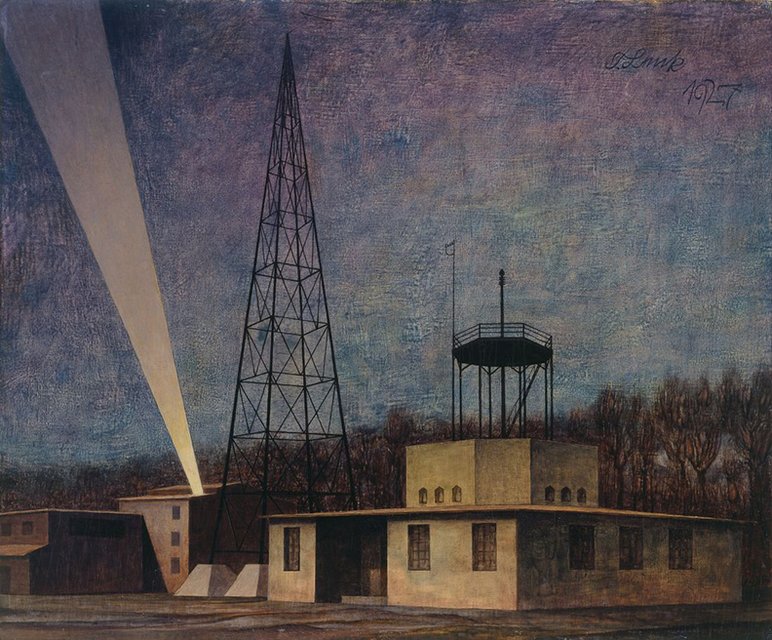 Das Foto zeigt das im Stil der Neuen Sachlichkeit entstandene Gemälde „Flugplatz (Scheinwerfer)“ des Malers Franz Lenk, entstanden im Jahr 1927.